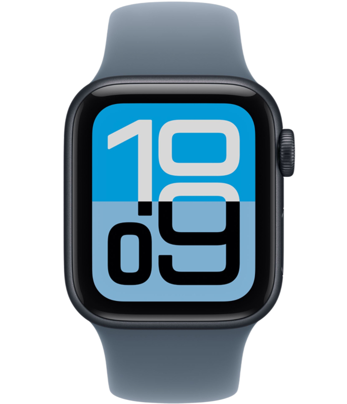 Apple Watch SE 3, 40 мм, корпус из алюминия цвета Полуночный черный, ремешок спортивный, цвет туманно-голубой, S/M