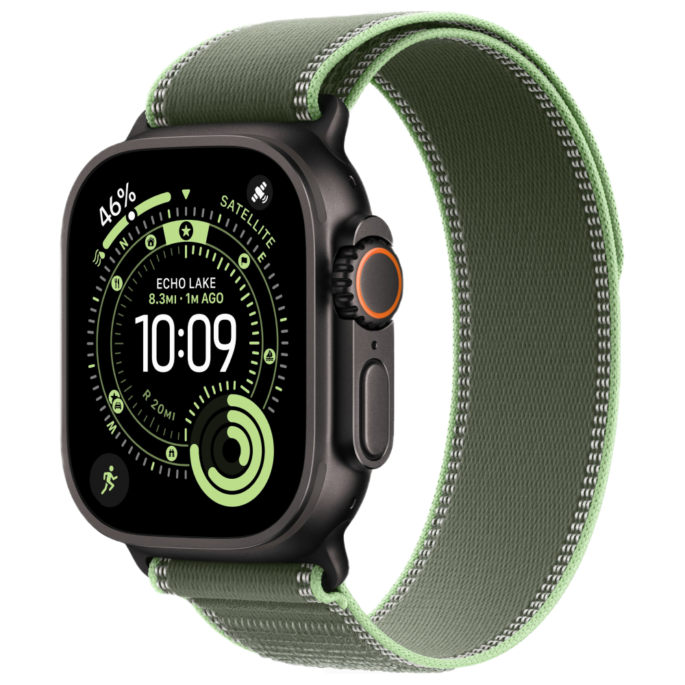 Apple Watch Ultra 3, 49 мм, корпус из титана цвета Чёрный (Black Titanium), ремешок Trail, цвет зеленый, S/M