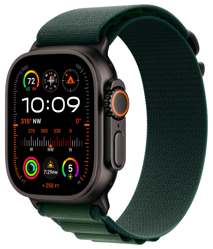 Apple Watch Ultra 2, 49 мм, корпус из титана цвета Чёрный (Black Titanium), ремешок Alpine, цвет зеленый, S