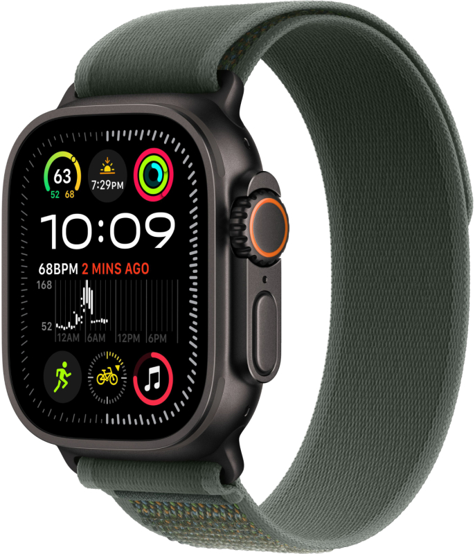 Apple Watch Ultra 2, 49 мм, корпус из титана цвета Чёрный (Black Titanium), ремешок Trail, цвет зеленый, S/M