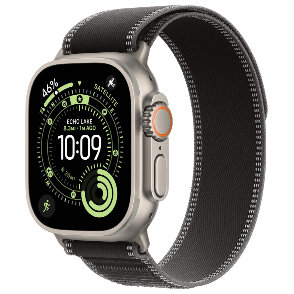 Apple Watch Ultra 3, 49 мм, корпус из титана цвета Серый (Natural Titanium), ремешок Trail, цвет черный, M/L