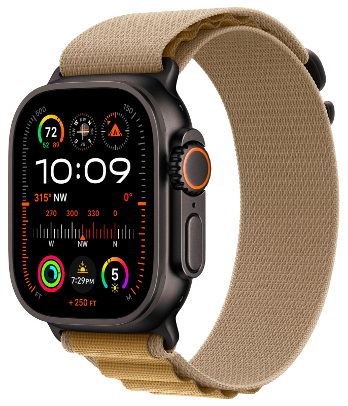 Apple Watch Ultra 2, 49 мм, корпус из титана цвета Чёрный (Black Titanium), ремешок Alpine, цвет оливковый, S