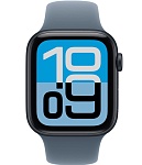 Apple Watch SE 3, 44 мм, корпус из алюминия цвета Полуночный черный, ремешок спортивный, цвет туманно-голубой, M/L