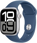Apple Watch Series 10, 42 мм, корпус из алюминия цвета Серебро, ремешок спортивный, цвет синий деним, S/M